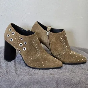 GEOX RESPIRA Suede Ankle Boots EU 36 Peython Tan Heel‎ Bootie Studded Block Heel