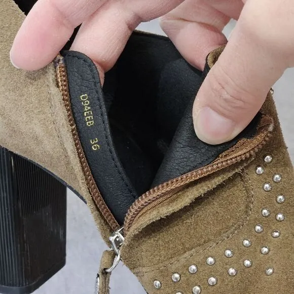 GEOX RESPIRA Suede Ankle Boots EU 36 Peython Tan Heel‎ Bootie Studded Block Heel