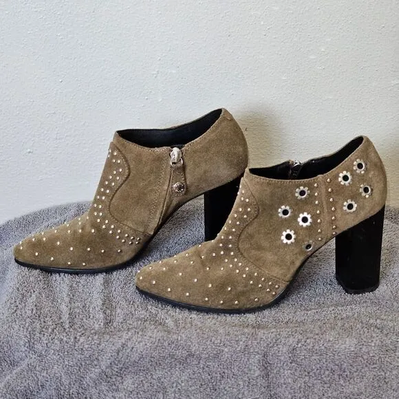 GEOX RESPIRA Suede Ankle Boots EU 36 Peython Tan Heel‎ Bootie Studded Block Heel