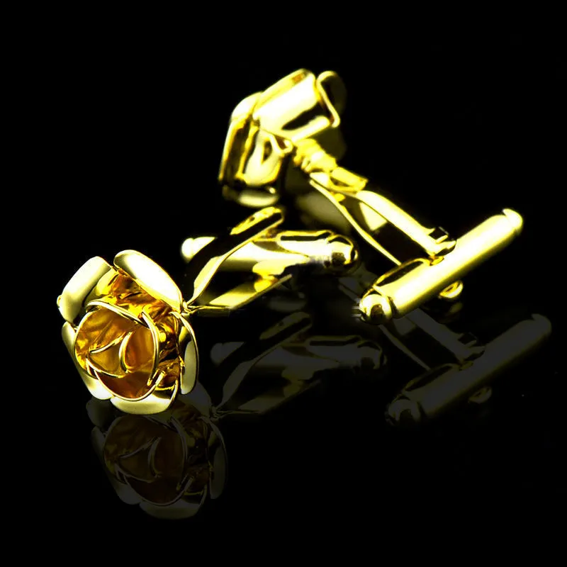 Gold Mens Stainless Steel Rose Cufflinks for Shirt with Box - Hand Crafted Perfect Gift