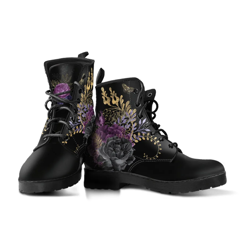 Goth Purple Flowers Vegan Combat Boots