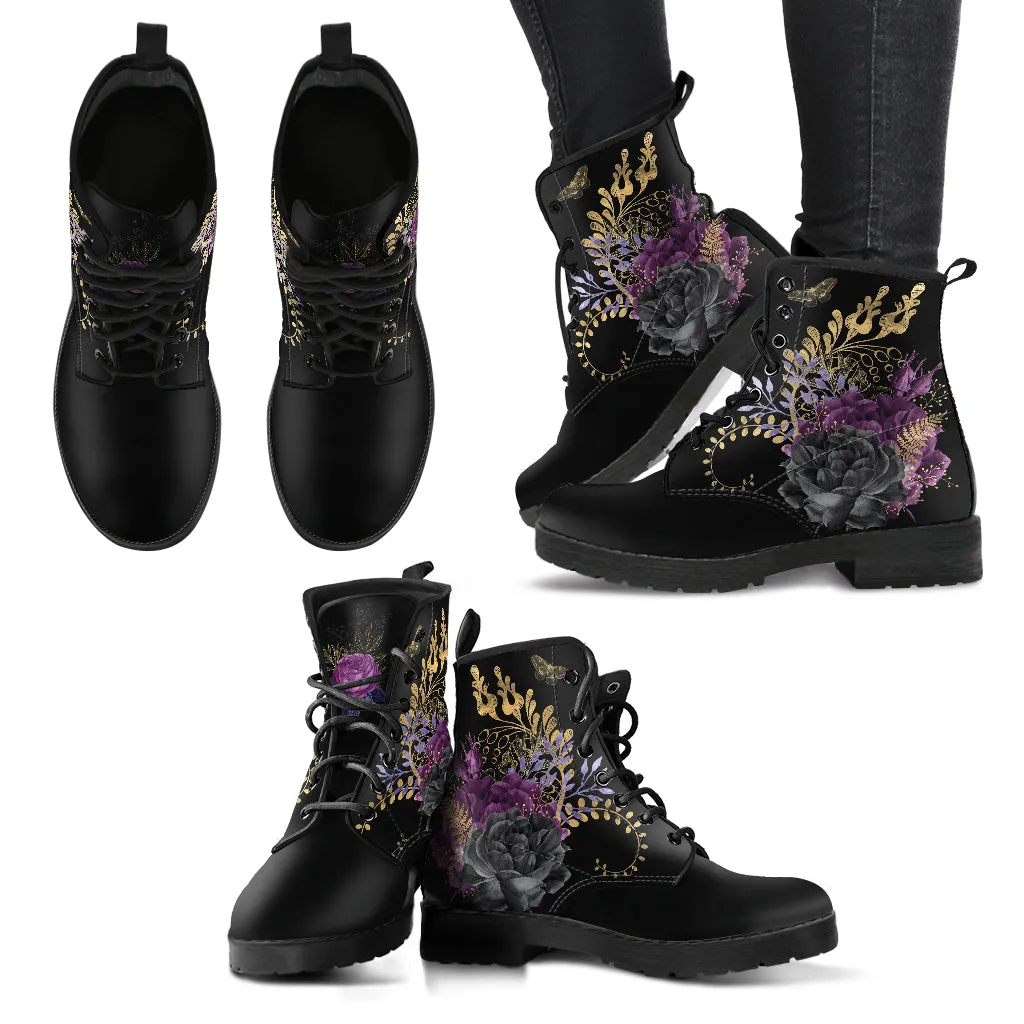 Goth Purple Flowers Vegan Combat Boots