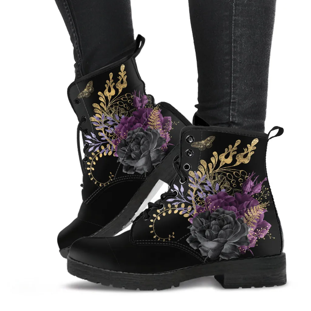 Goth Purple Flowers Vegan Combat Boots