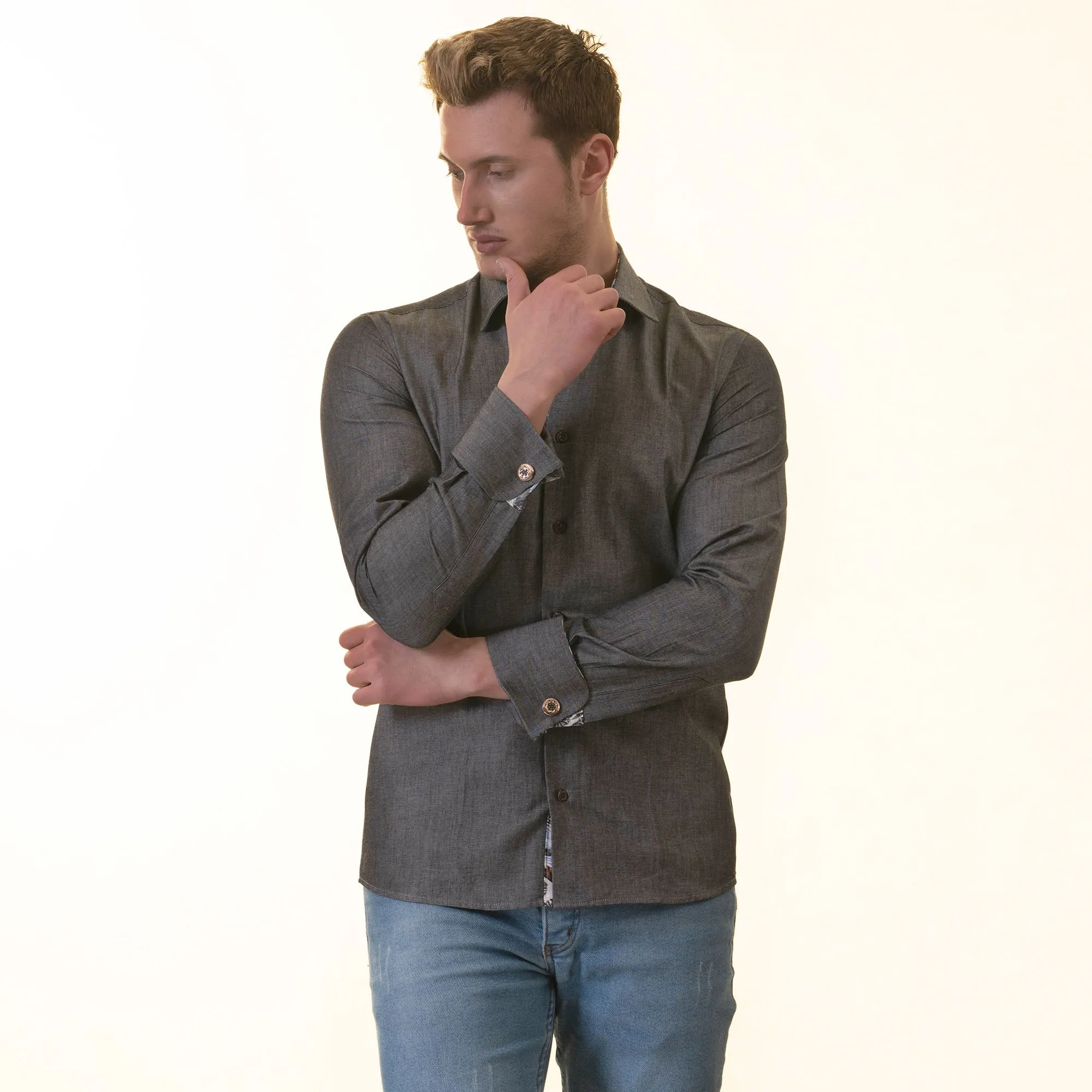 Gray inside Tropical Printed Mens Slim Fit Designer French Cuff Shirt - tailored Cotton Shirts for Work and Casual Wear