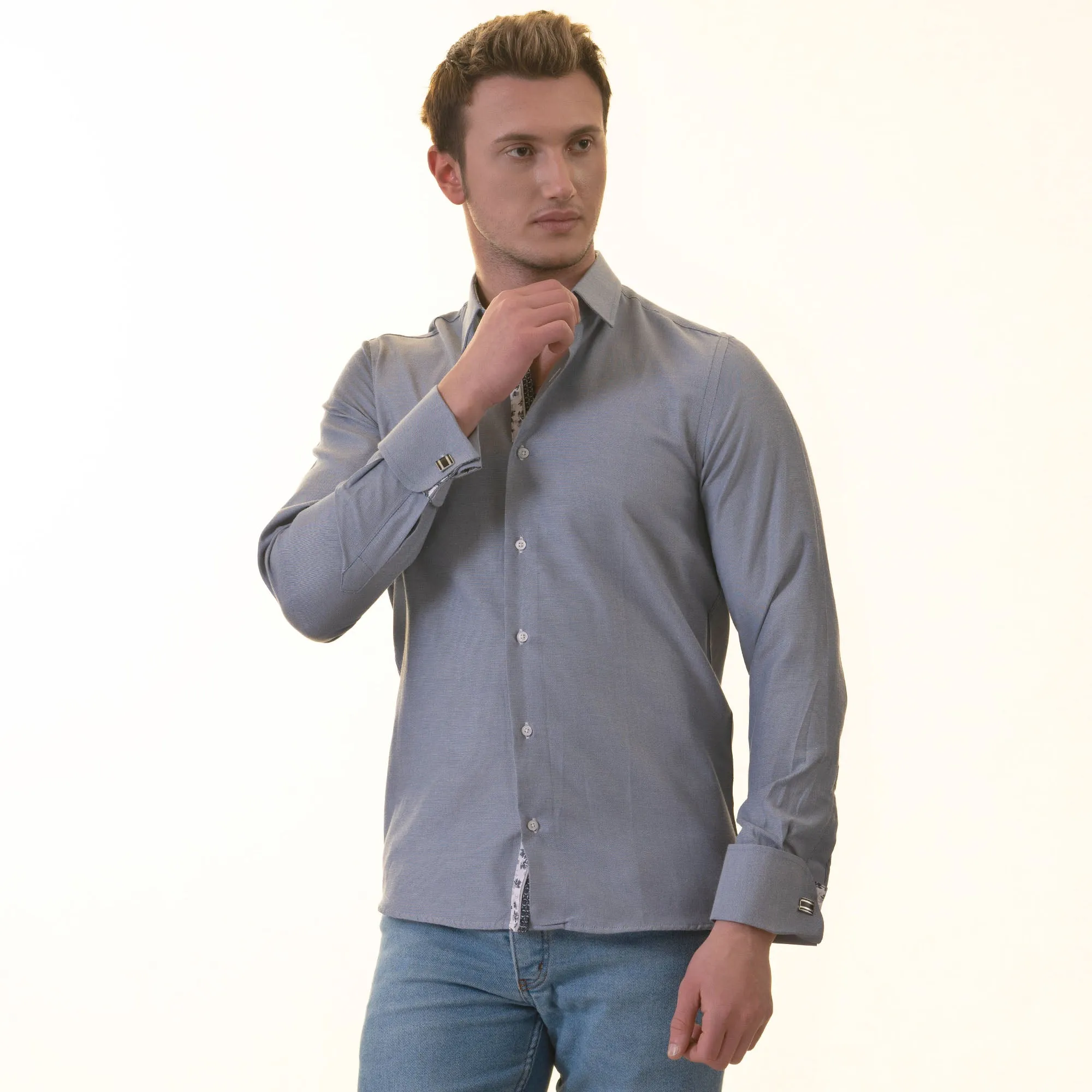 Grayish inside Floral Mens Slim Fit Designer French CuffShirt -