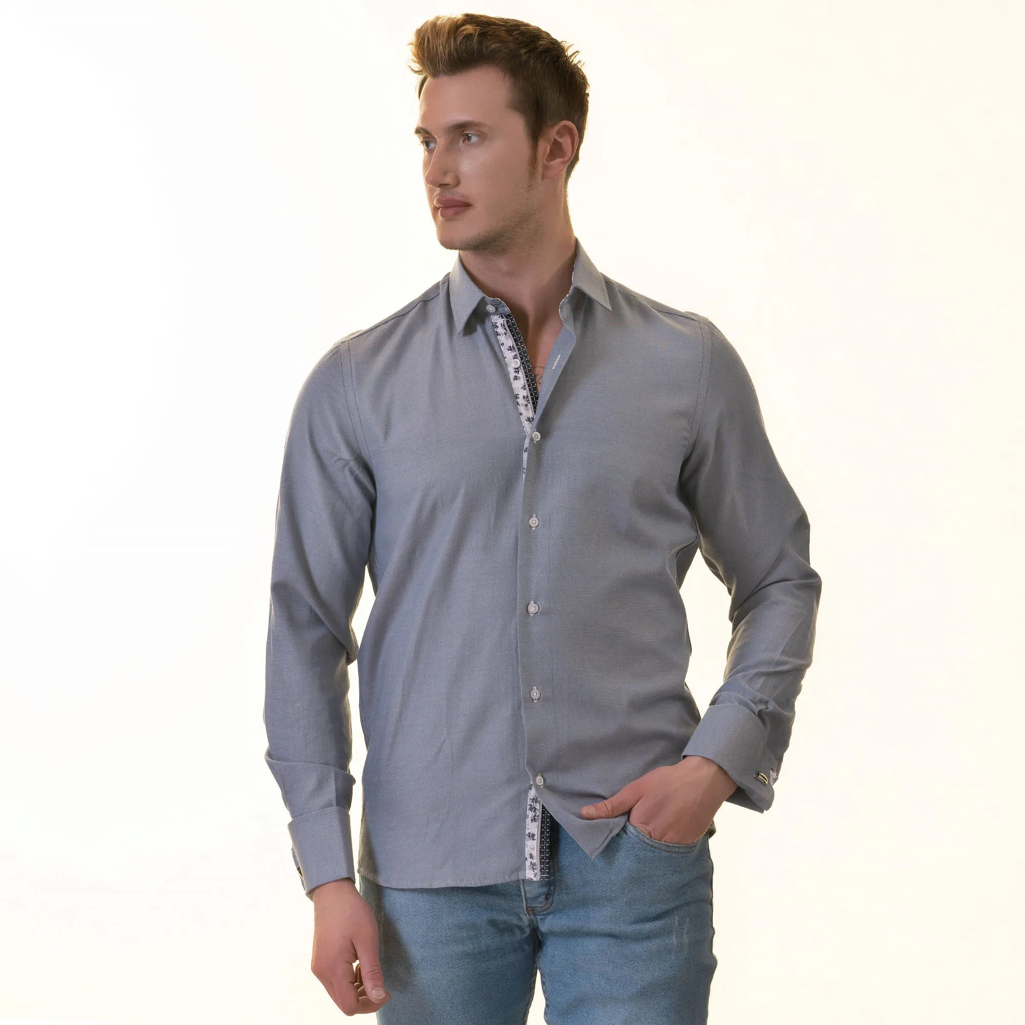 Grayish inside Floral Mens Slim Fit Designer French CuffShirt -
