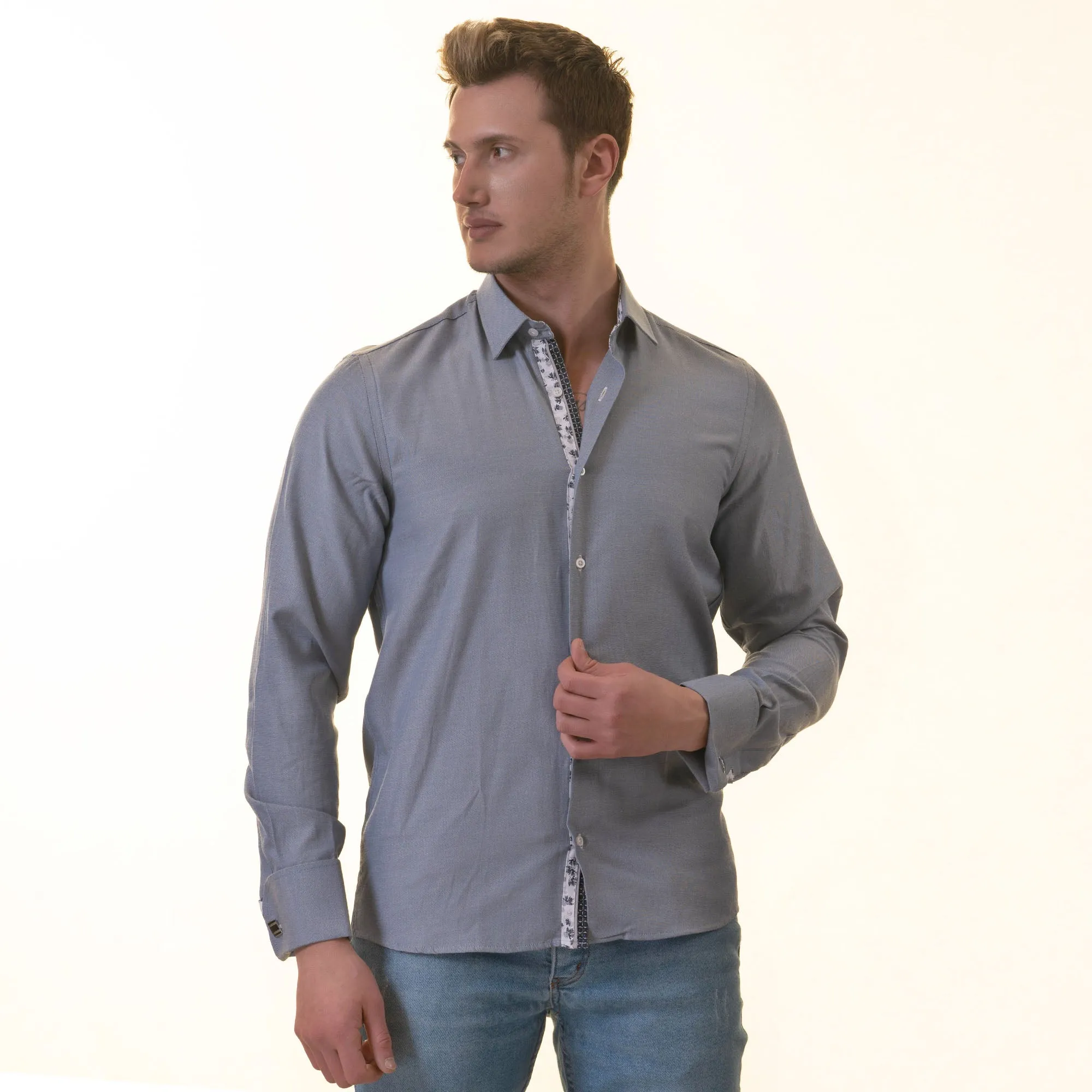 Grayish inside Floral Mens Slim Fit Designer French CuffShirt -