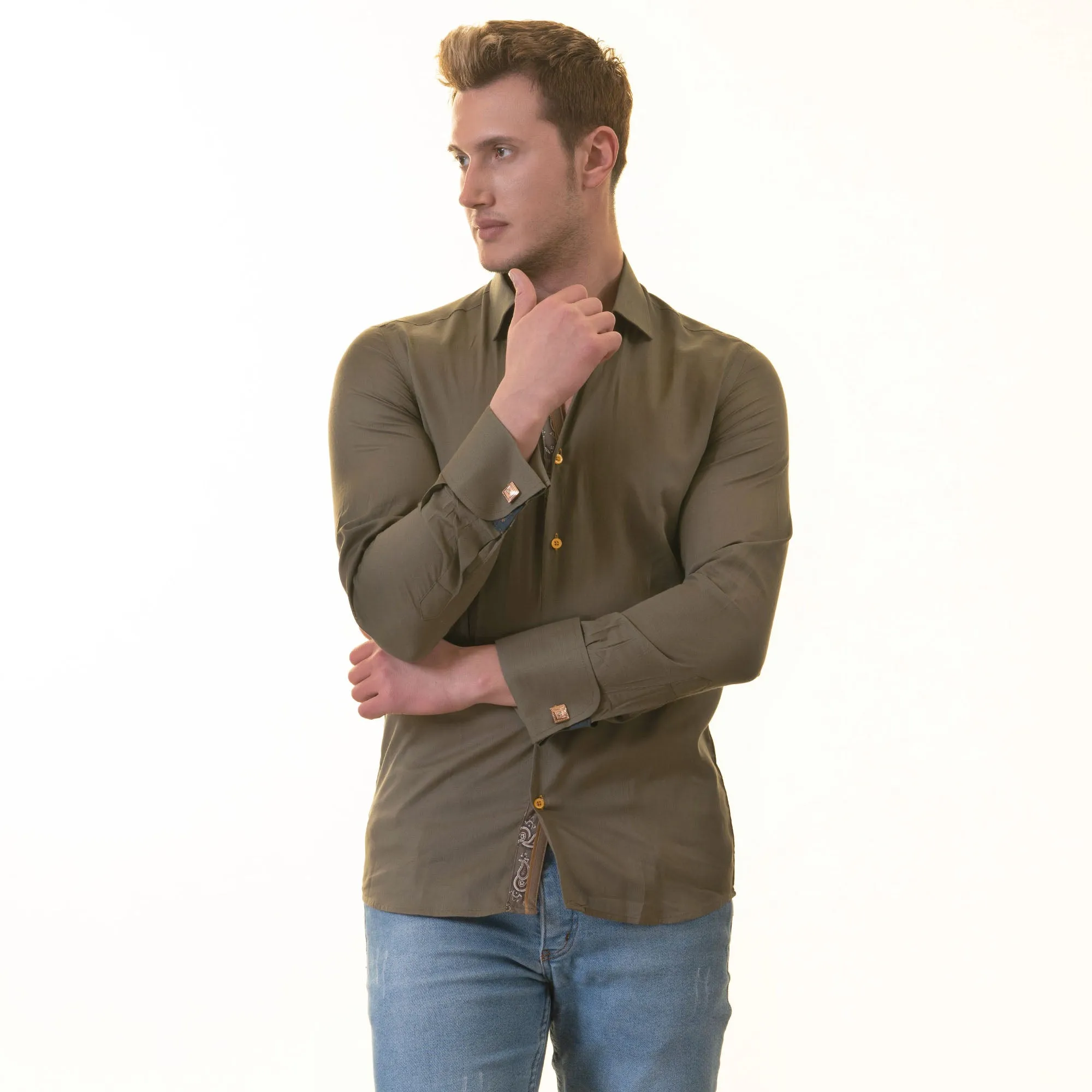 Green inside Paisley Printed Mens Slim Fit Designer French Cuff Shirt - tailored Cotton Shirts for Work and Casual Wear