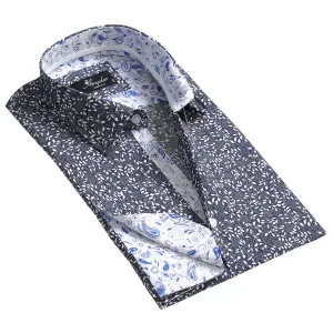 Grey Blue Floral Mens Slim Fit French Cuff French Cuff Shirts with Cufflink Holes - Casual and Formal