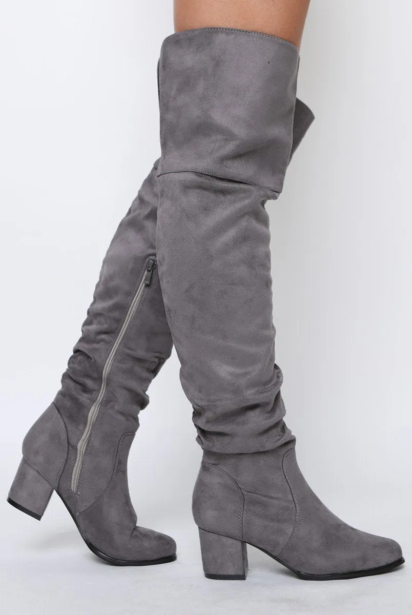 Grey Suede Split Back Heeled Knee High Boots - Reyna