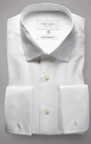 HARDY AMIES FRENCH CUFF CONTEMPORARY FIT HERRINGBONE 100% COTTON DRESS SHIRT HA001F