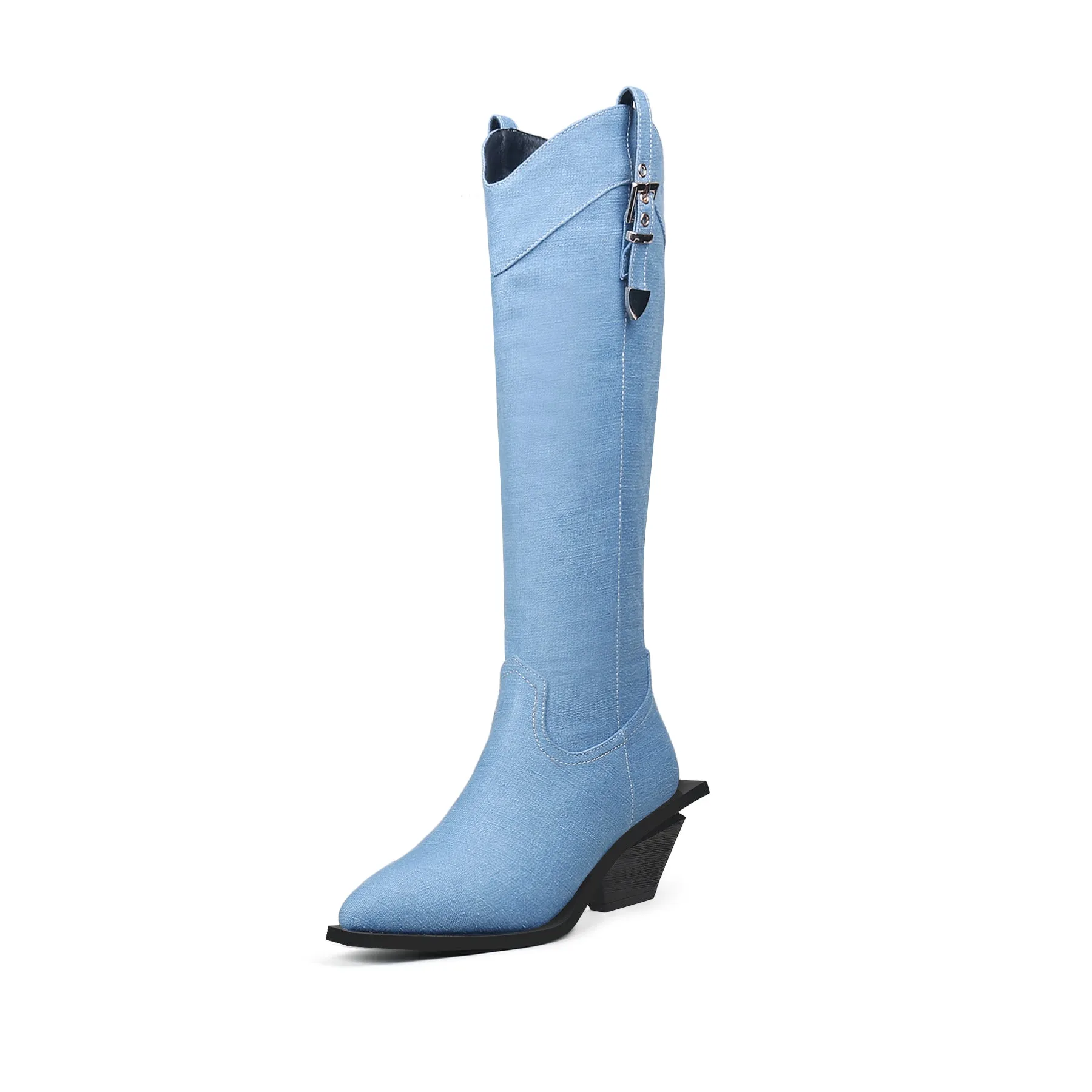 Heeled Knee High Denim Cowgirl Boots