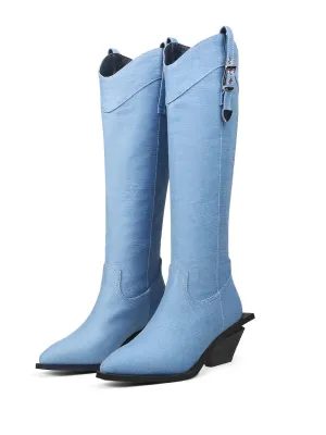 Heeled Knee High Denim Cowgirl Boots