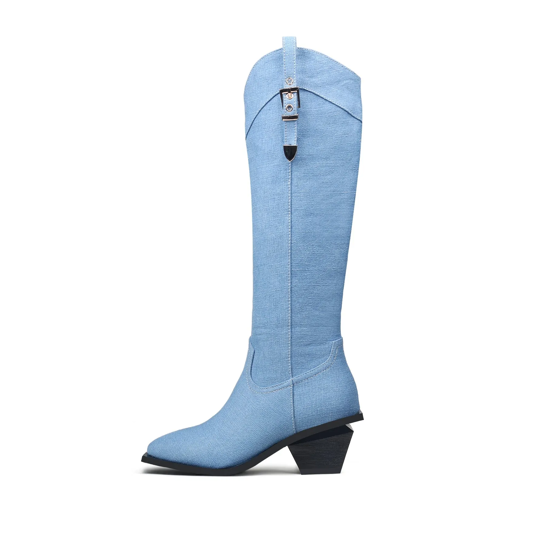Heeled Knee High Denim Cowgirl Boots