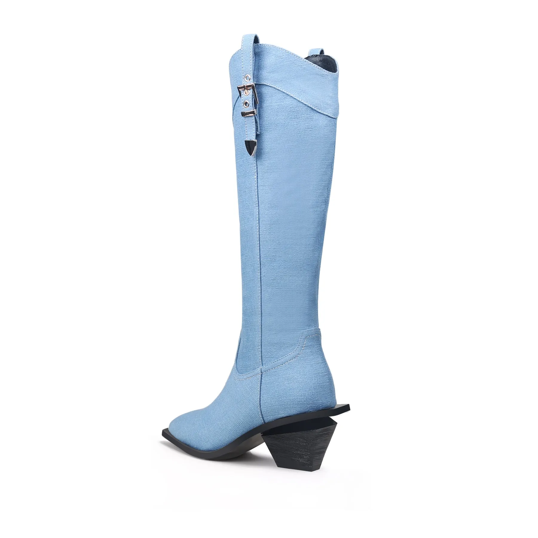 Heeled Knee High Denim Cowgirl Boots