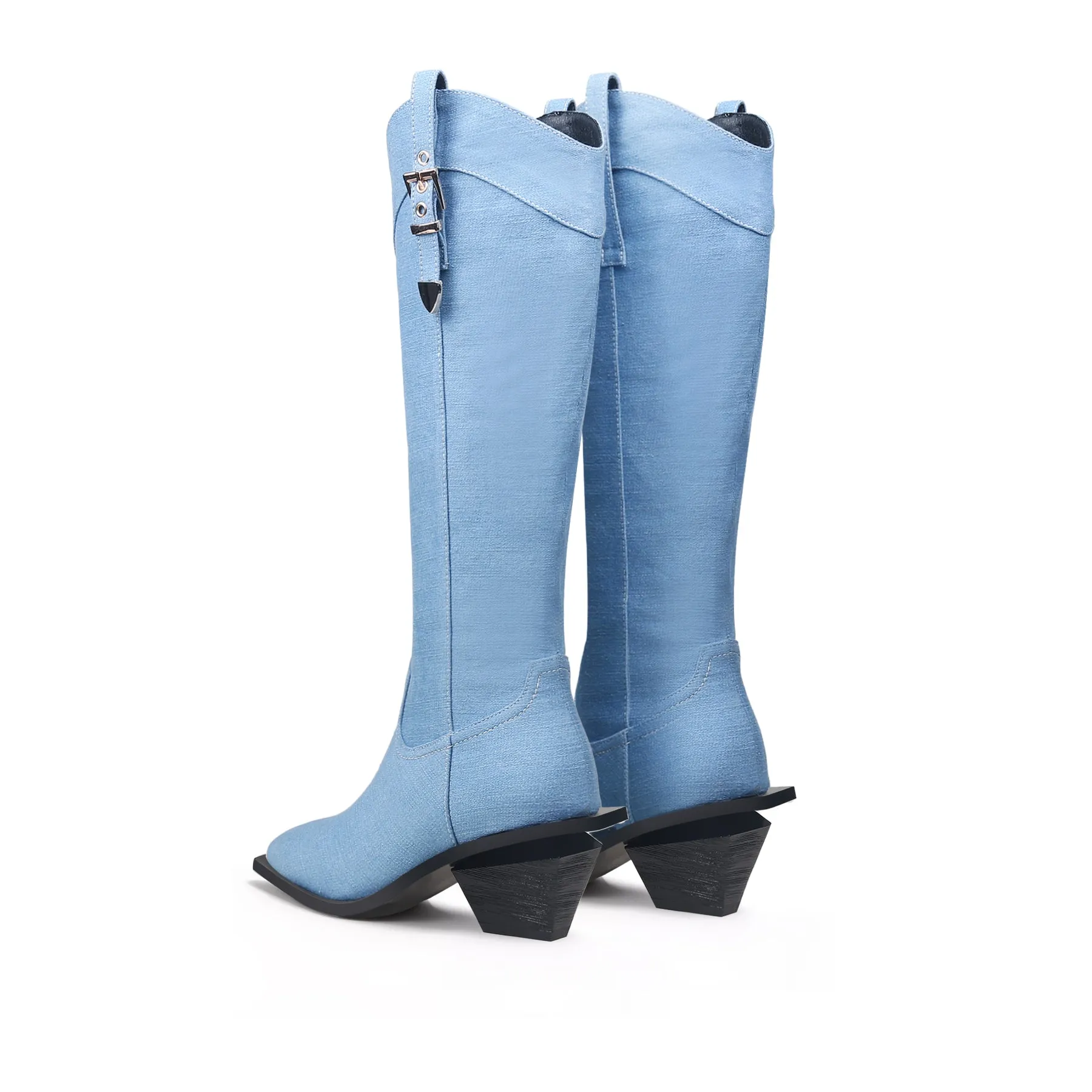 Heeled Knee High Denim Cowgirl Boots