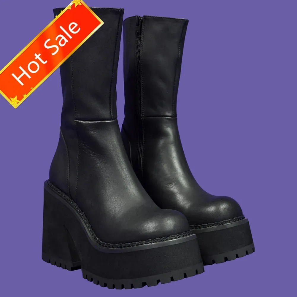 High Heel Platform Ankle Boots For Women Gothic Fashion Mid Calf Ankle Boots w/ Zipper