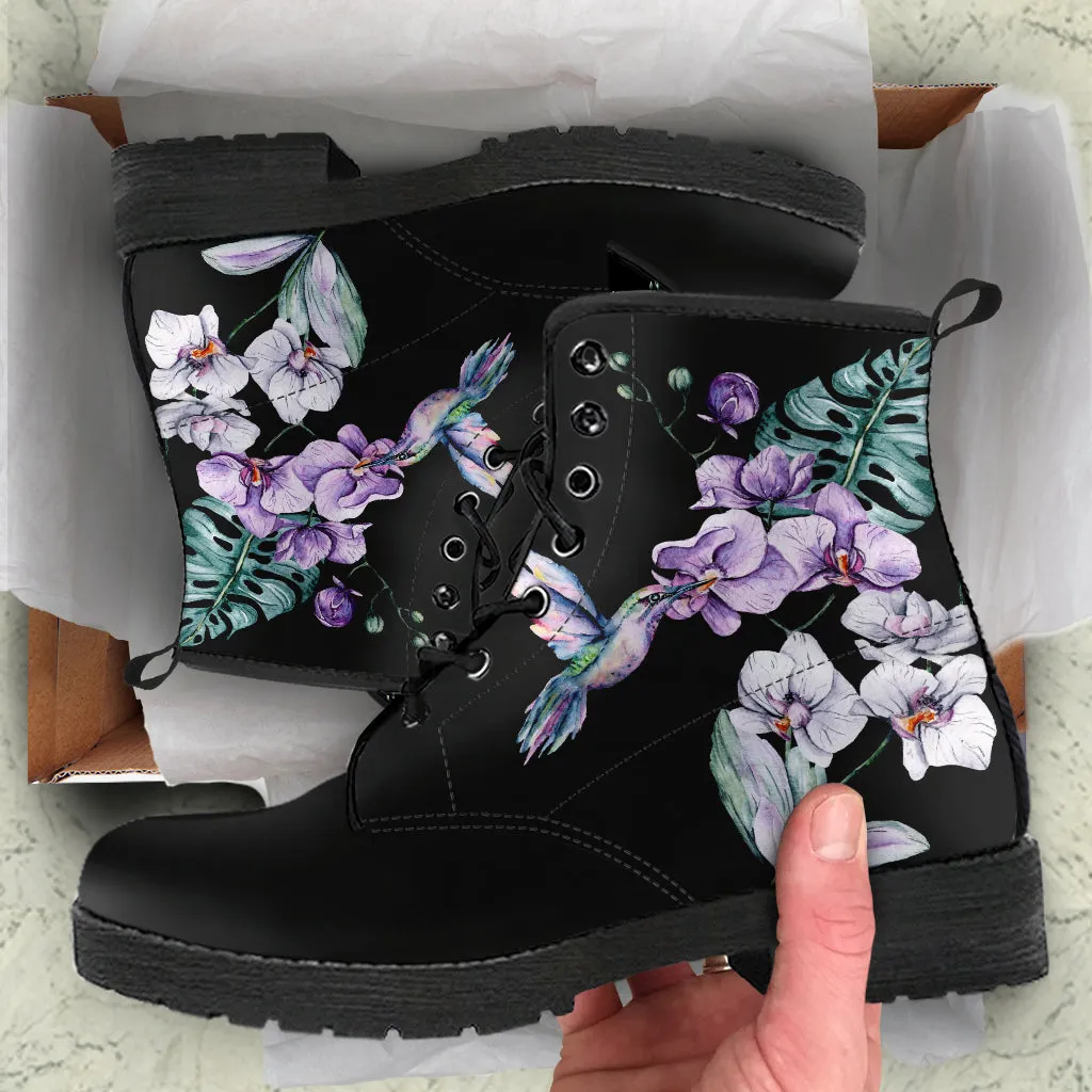 Hummingbird Purple Flowers Ankle Boots