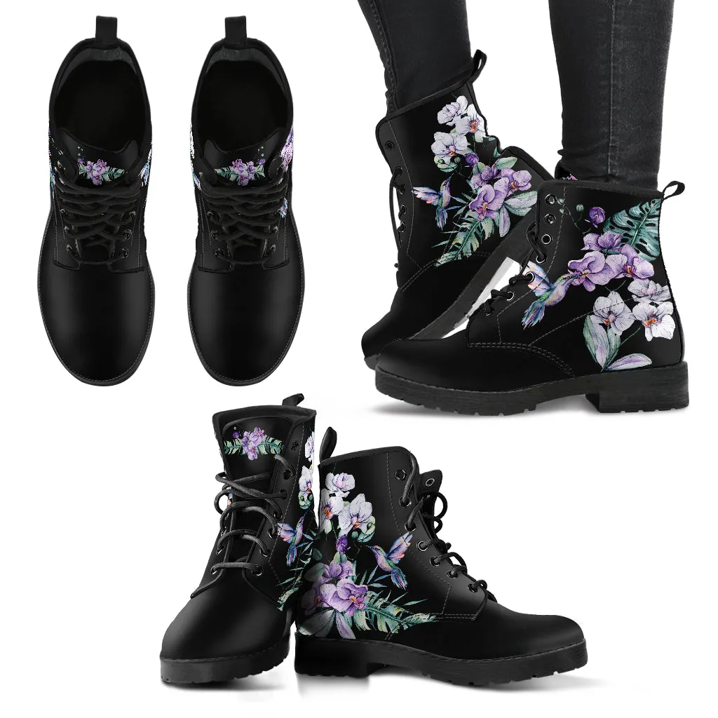 Hummingbird Purple Flowers Ankle Boots