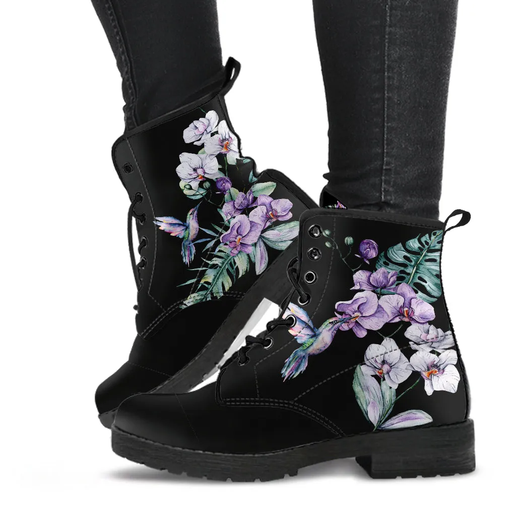 Hummingbird Purple Flowers Ankle Boots