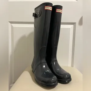 HUNTER Original Tall Black Gloss Buckle Strap Rain Boots Big Girls Size 5