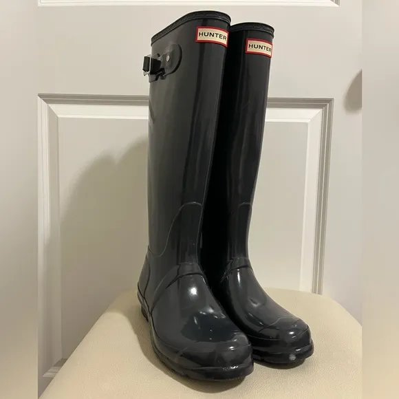 HUNTER Original Tall Black Gloss Buckle Strap Rain Boots Big Girls Size 5