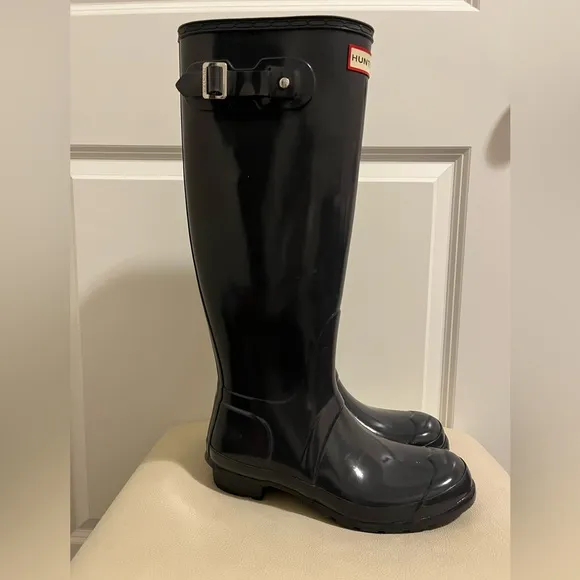 HUNTER Original Tall Black Gloss Buckle Strap Rain Boots Big Girls Size 5