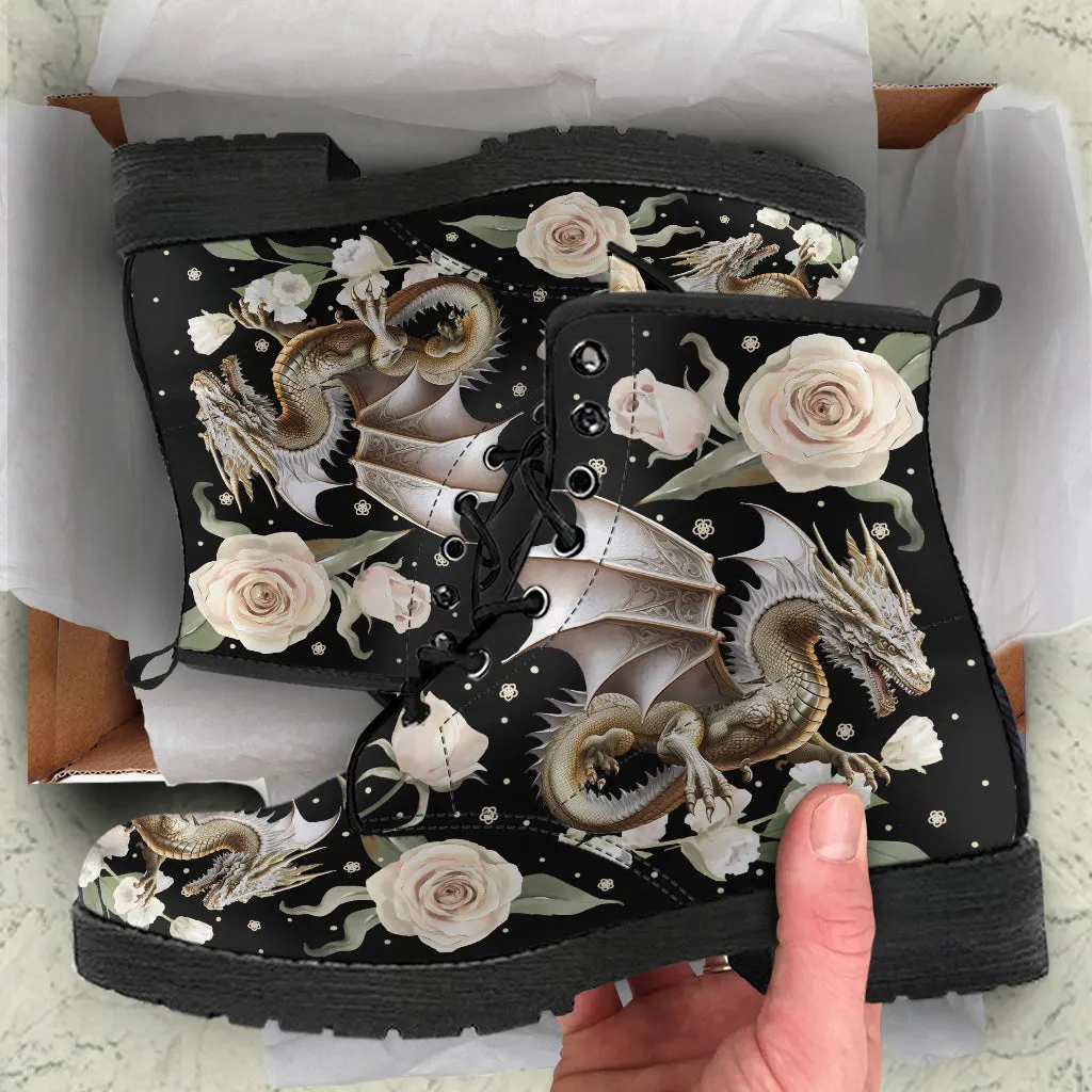 Ivory Dragon and Roses Ankle Boots