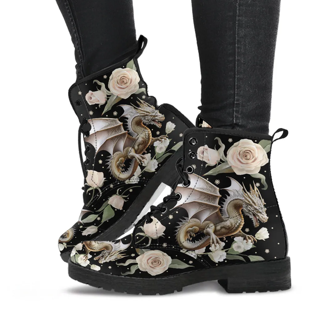 Ivory Dragon and Roses Ankle Boots