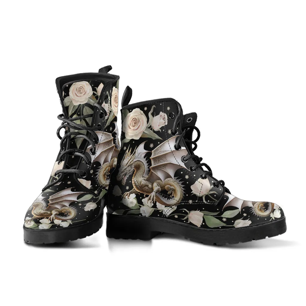 Ivory Dragon and Roses Ankle Boots