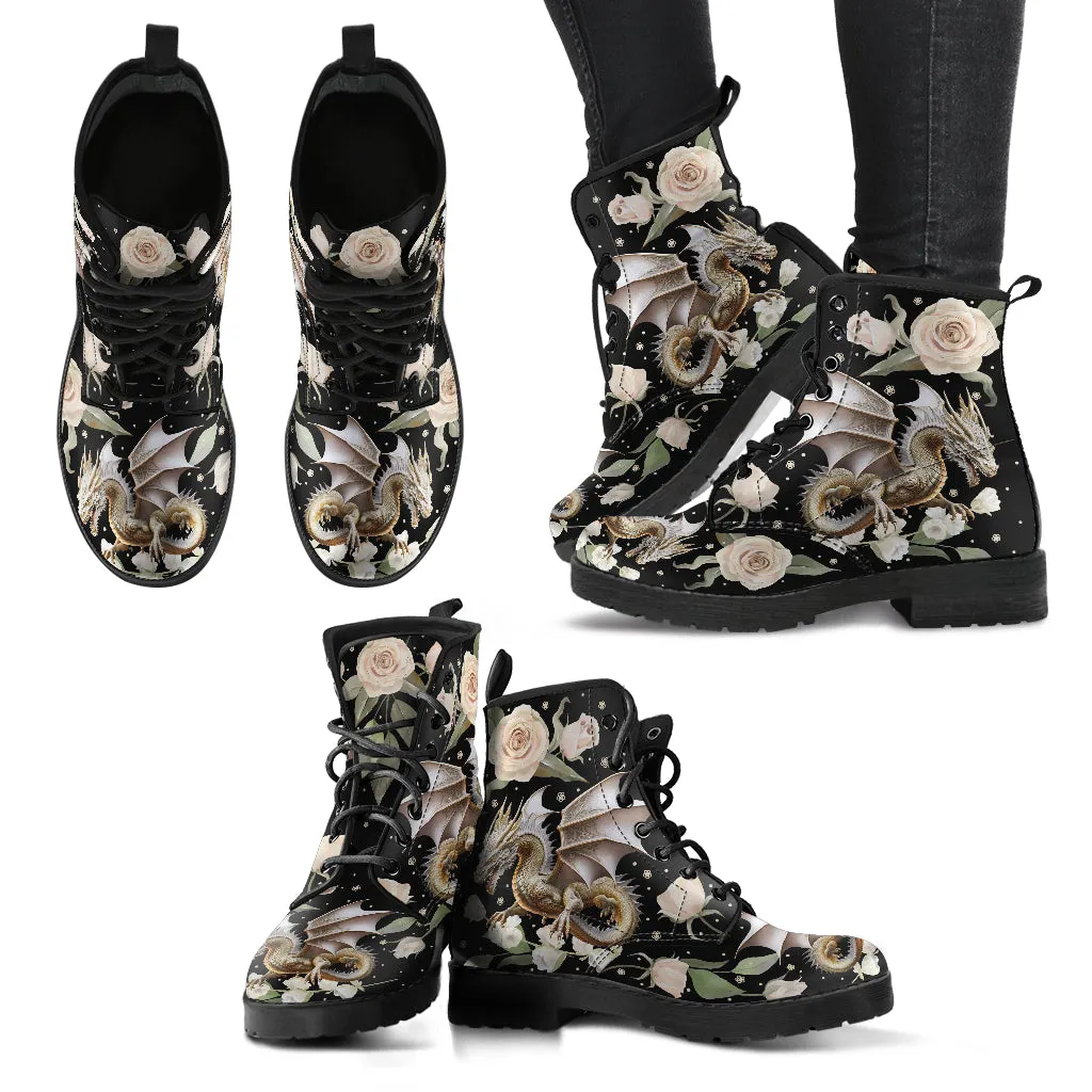 Ivory Dragon and Roses Ankle Boots