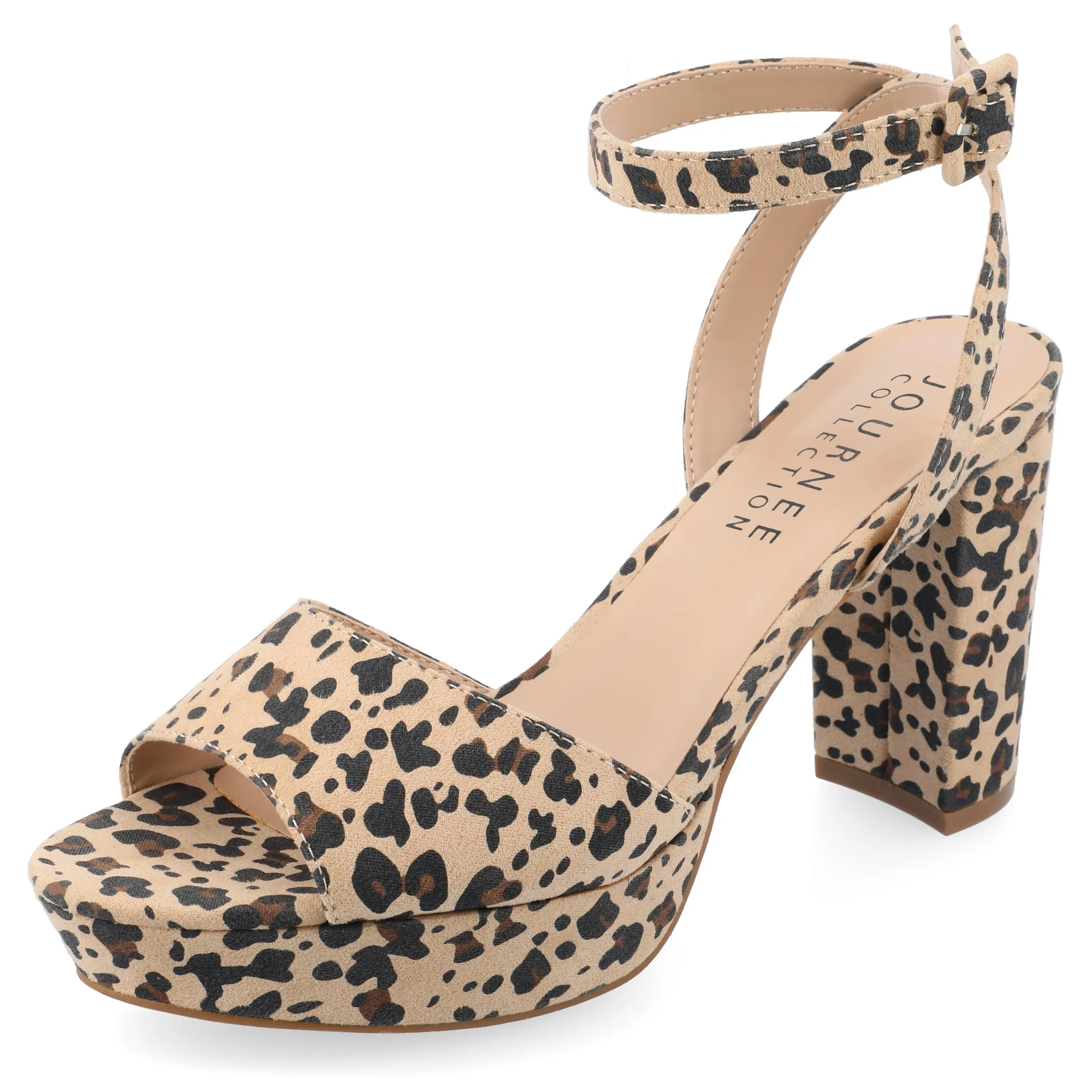 Journee Open Toe Strappy Platform Pumps for Women - Nairri Ankle Strap Chunky High Block Heel Sandal Leopard 8 Medium Womens US