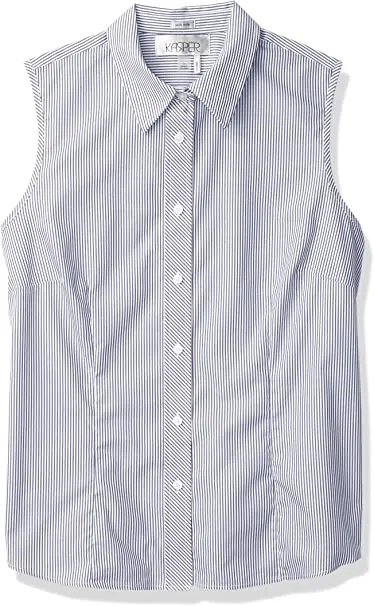 Kasper Women's Easy Care Oxford Fitted Sleeveless Shirt, NAVY/WHITE-3ZA, 4