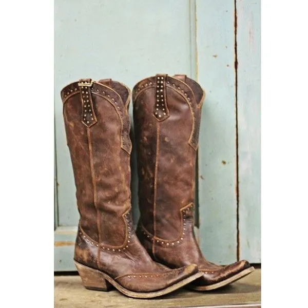 Knee High Leather Boots Meideval Vintage Cowboy Boots