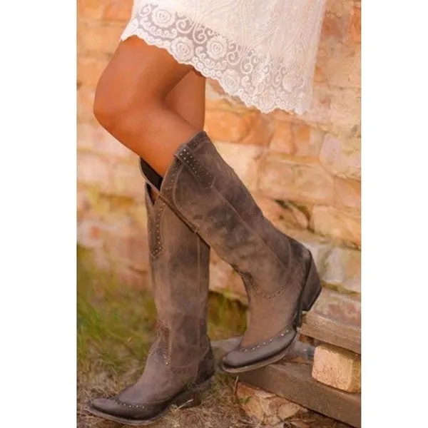 Knee High Leather Boots Meideval Vintage Cowboy Boots