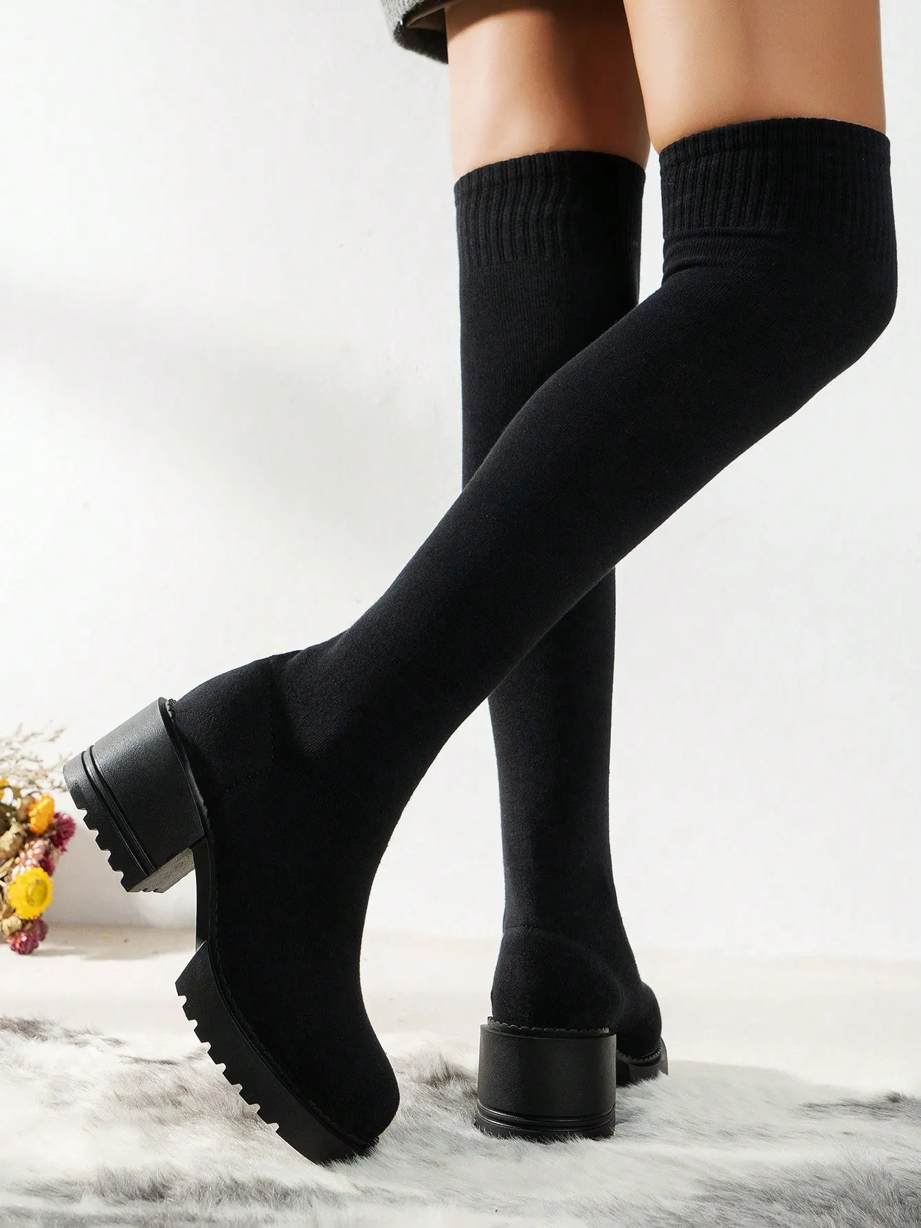 Knitted Fabric Over knee Thick Sole Boots - Black