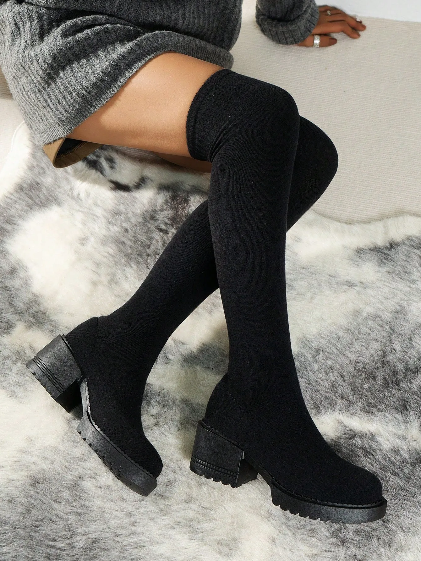 Knitted Fabric Over knee Thick Sole Boots - Black