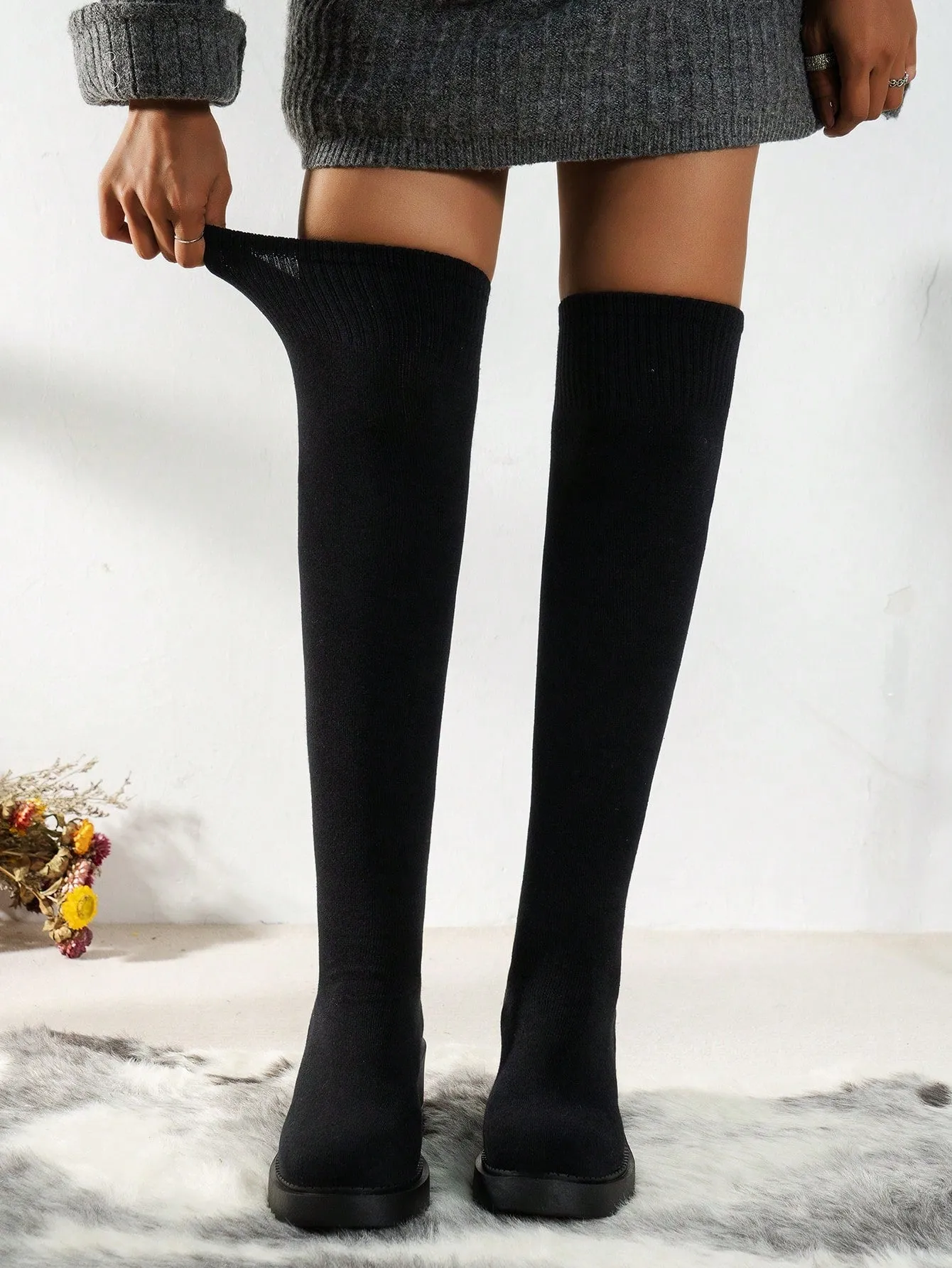 Knitted Fabric Over knee Thick Sole Boots - Black