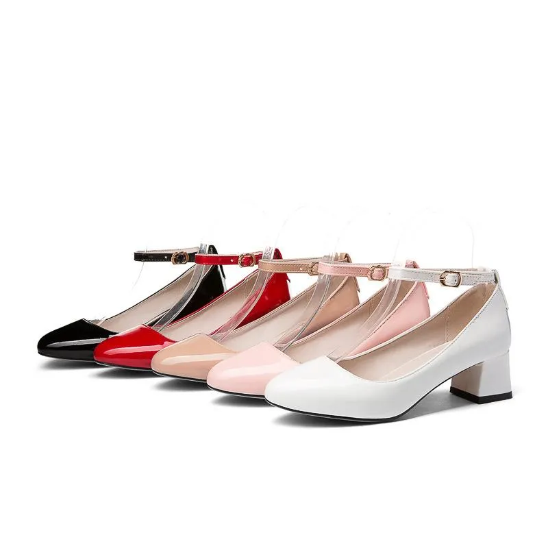 Ladies Thick Heel Buckle Shallow Ankle Strap Shoes Woman Chunky Pumps
