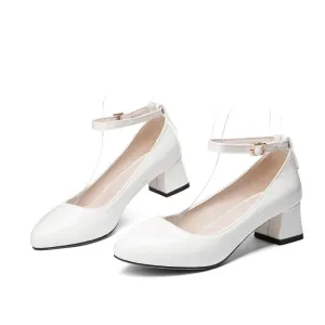 Ladies Thick Heel Buckle Shallow Ankle Strap Shoes Woman Chunky Pumps