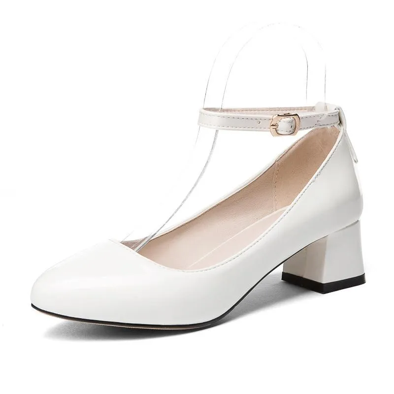 Ladies Thick Heel Buckle Shallow Ankle Strap Shoes Woman Chunky Pumps
