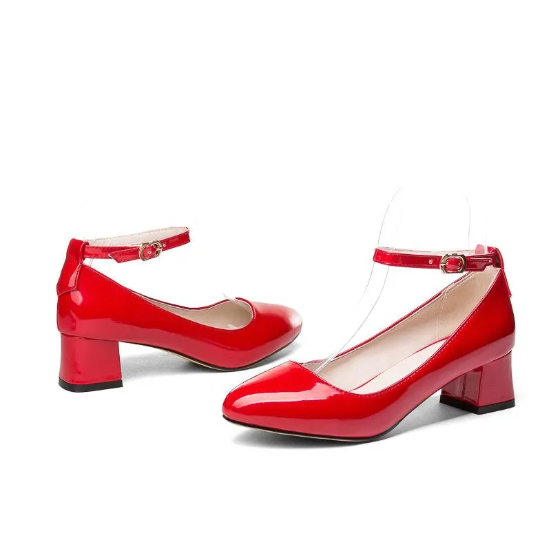 Ladies Thick Heel Buckle Shallow Ankle Strap Shoes Woman Chunky Pumps