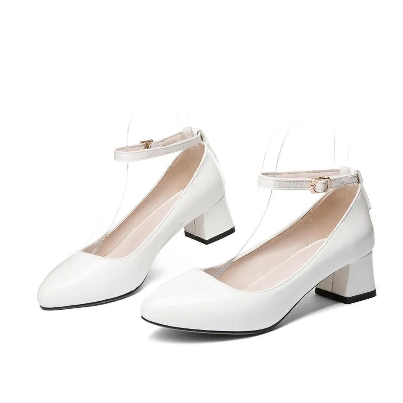 Ladies Thick Heel Buckle Shallow Ankle Strap Shoes Woman Chunky Pumps