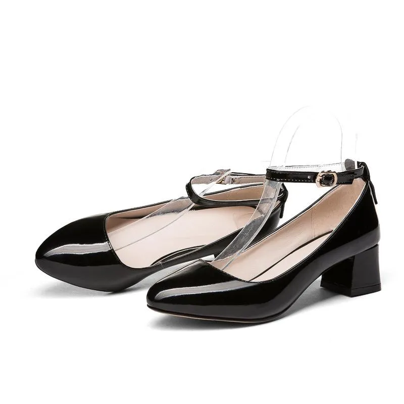 Ladies Thick Heel Buckle Shallow Ankle Strap Shoes Woman Chunky Pumps