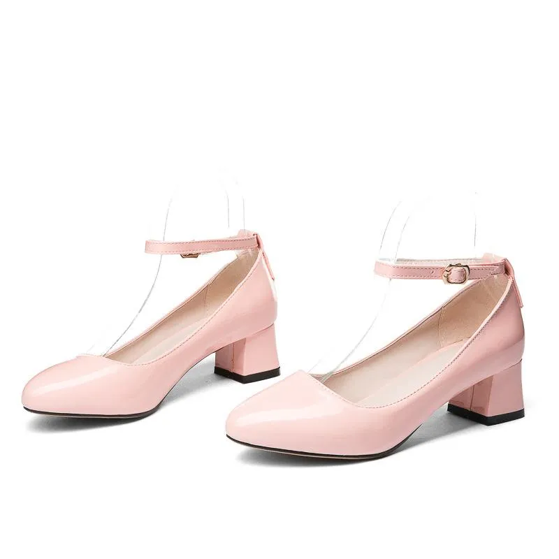 Ladies Thick Heel Buckle Shallow Ankle Strap Shoes Woman Chunky Pumps