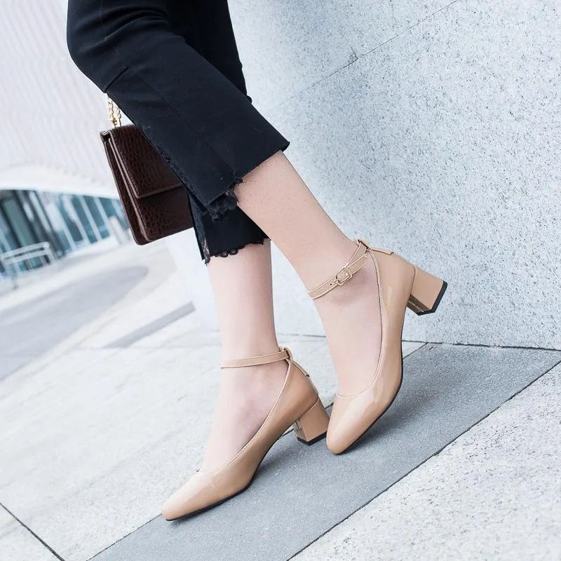 Ladies Thick Heel Buckle Shallow Ankle Strap Shoes Woman Chunky Pumps