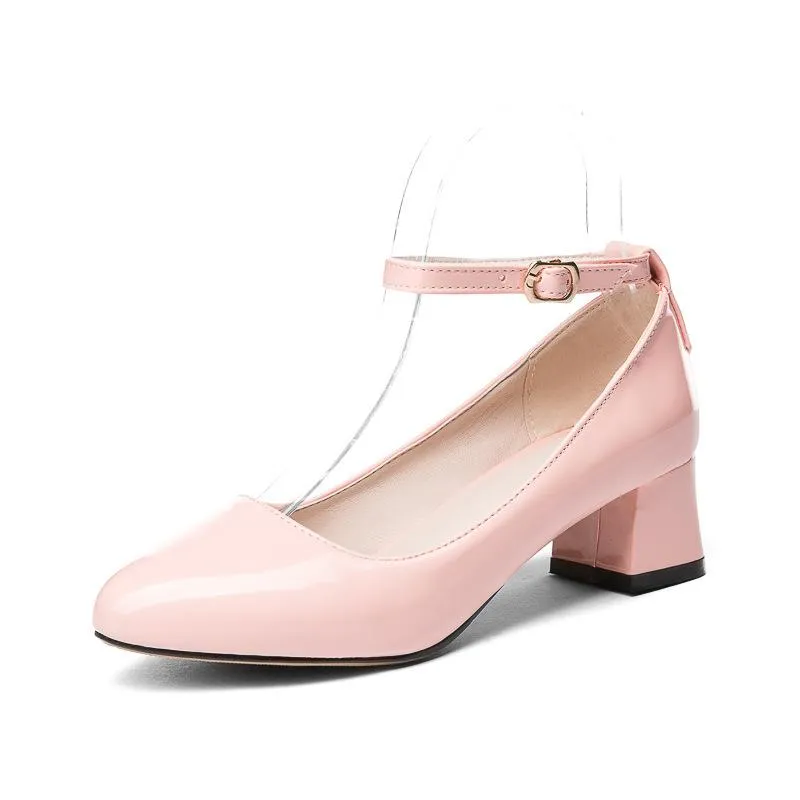 Ladies Thick Heel Buckle Shallow Ankle Strap Shoes Woman Chunky Pumps