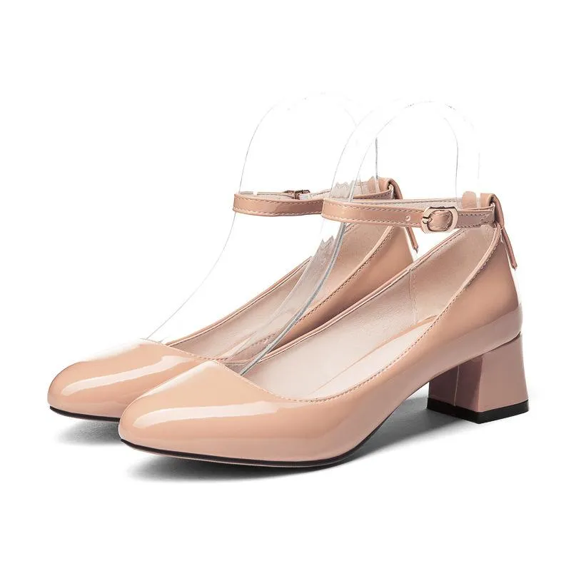 Ladies Thick Heel Buckle Shallow Ankle Strap Shoes Woman Chunky Pumps