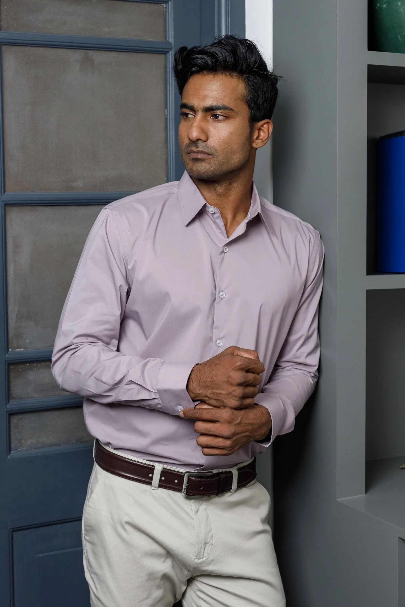 Lavender Long Sleeve Shirt with Contrast Piping