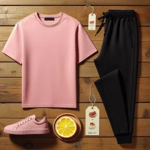 Lemon Tart Mens Plain T-Shirt and Jogger Pants Set - LTMTSPS1 - Pink Black